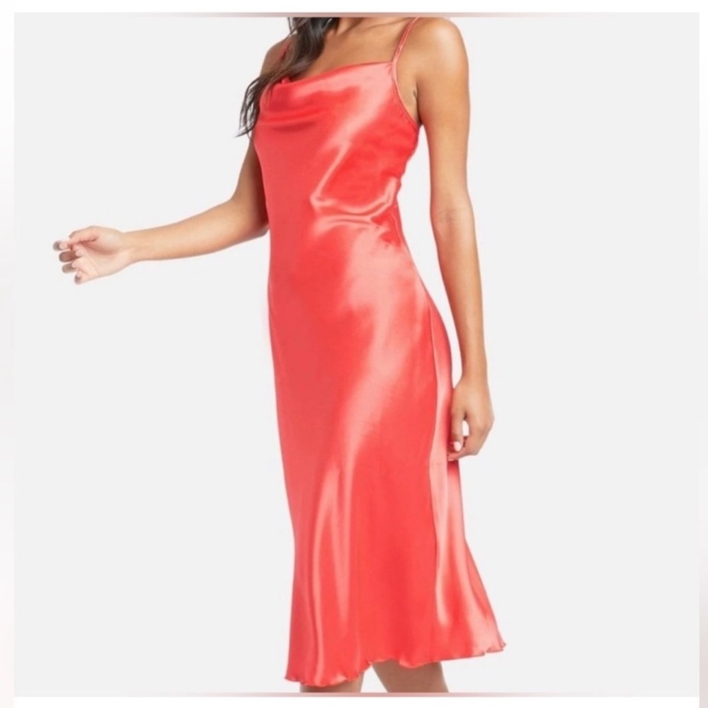 BEBE Satin Slip Dress Midi Cowl Neck Bias Cut Coral Women's Size XL NWOT